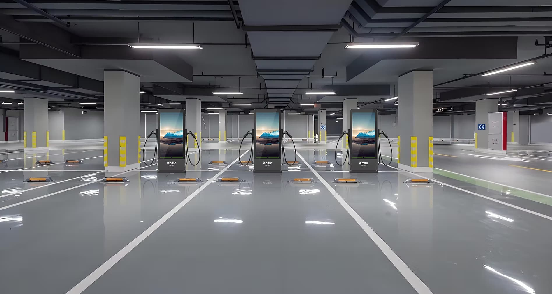 Carregadores DC Afax Power instalados em subsolo de estacionamento
